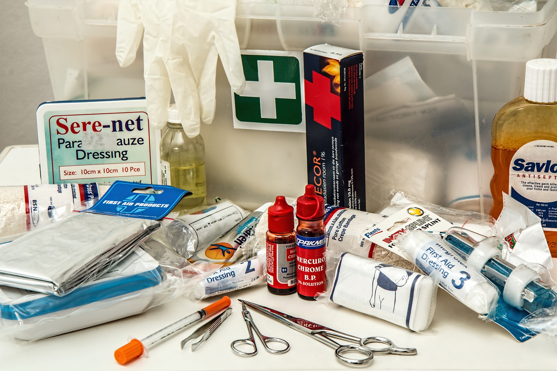 first aid kit on table
